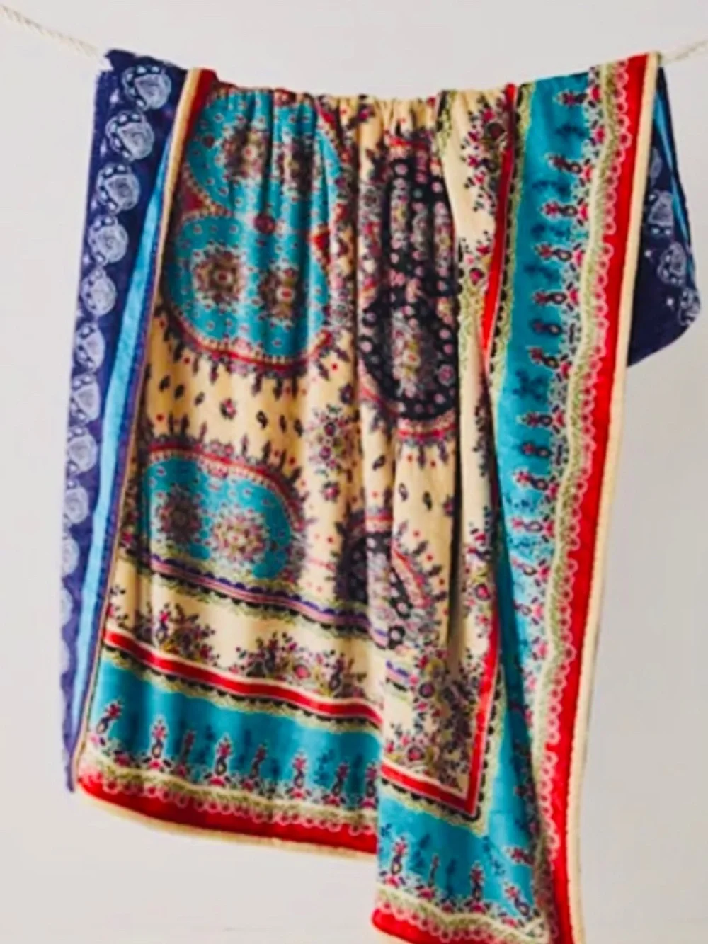 Johnny Was Spring Phoenix Cozy Blanket 75x68 Blue Red Reversible Soft Thick Boho